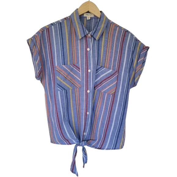Sandy & Sid Striped Knot Button Down Blouse Womens Size M Blue Multi Cropped - Picture 1 of 10